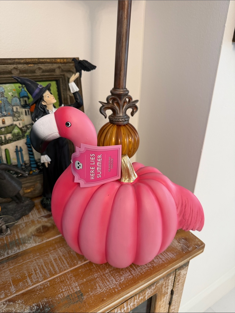 Pink/White/Gold  Flamingo Pumpkin Figurine - Decorative Fall/Halloween Decor